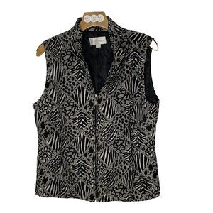 Erin London Womens Size Medium Animal Print Black And White Front Zip Lined Vest